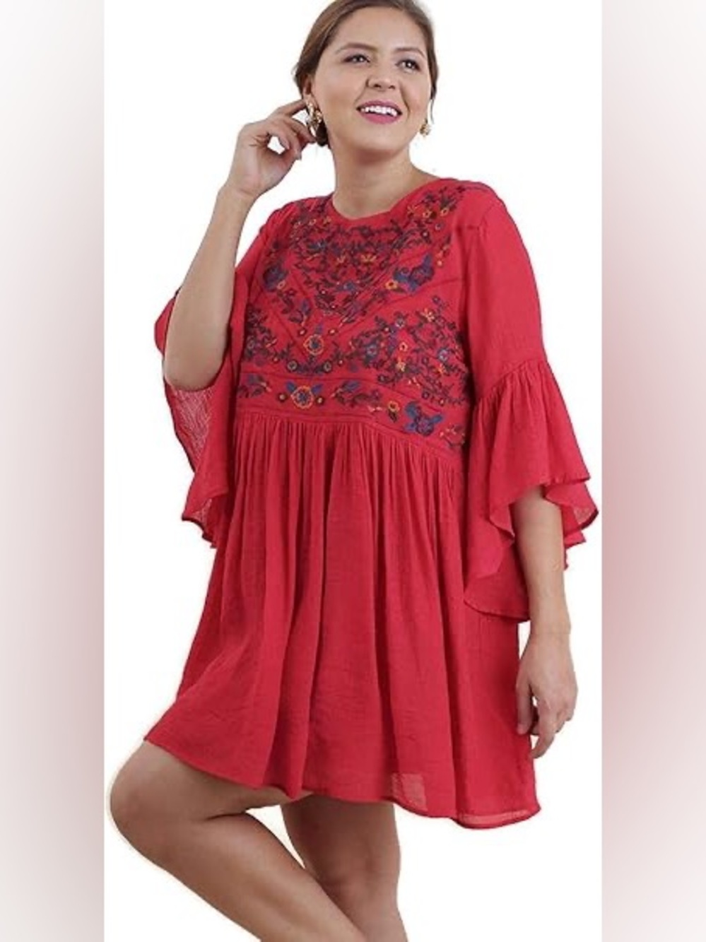 Umgee Embroidered Bell Sleeve Babydoll Tunic Top 1X Boho Cottagecore Festival